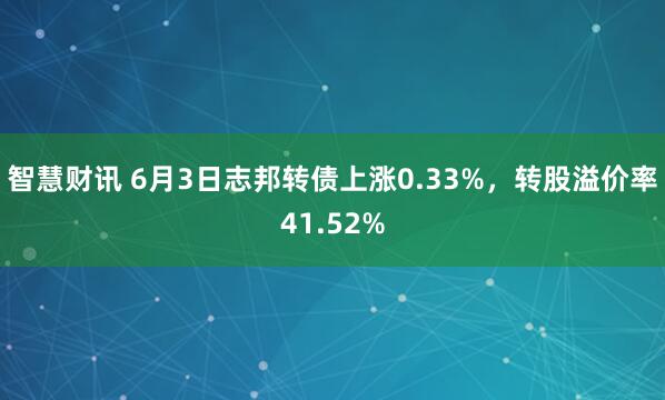 智慧财讯 6月3日志邦转债上涨0.33%，转股溢价率41.52%